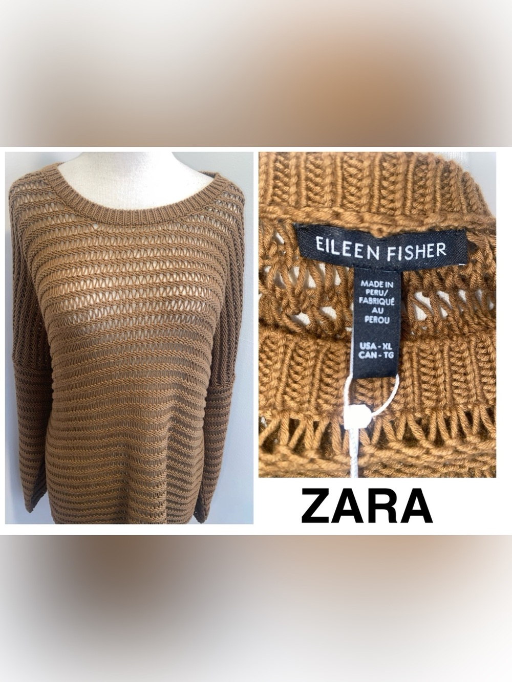 EILEEN FISHER Open-Knit 100% Organic Cotton Sweater Camel Brown - Size XL - NEW
